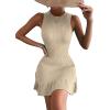 imageMakeMeChic Womens 2025 Summer Dress Casual Crochet Ribbed Knit Ruffle Hem Sleeveless Bodycon Tank Mini DressesKhaki
