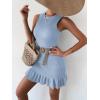 imageMakeMeChic Womens 2025 Summer Dress Casual Crochet Ribbed Knit Ruffle Hem Sleeveless Bodycon Tank Mini DressesLight Blue