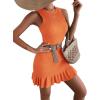 imageMakeMeChic Womens 2025 Summer Dress Casual Crochet Ribbed Knit Ruffle Hem Sleeveless Bodycon Tank Mini DressesOrange