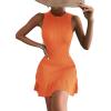 imageMakeMeChic Womens 2025 Summer Dress Casual Crochet Ribbed Knit Ruffle Hem Sleeveless Bodycon Tank Mini DressesOrange