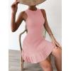 imageMakeMeChic Womens 2025 Summer Dress Casual Crochet Ribbed Knit Ruffle Hem Sleeveless Bodycon Tank Mini DressesPink