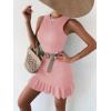 imageMakeMeChic Womens 2025 Summer Dress Casual Crochet Ribbed Knit Ruffle Hem Sleeveless Bodycon Tank Mini DressesPink