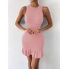 imageMakeMeChic Womens 2025 Summer Dress Casual Crochet Ribbed Knit Ruffle Hem Sleeveless Bodycon Tank Mini DressesPink