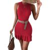 imageMakeMeChic Womens 2025 Summer Dress Casual Crochet Ribbed Knit Ruffle Hem Sleeveless Bodycon Tank Mini DressesRed