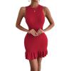 imageMakeMeChic Womens 2025 Summer Dress Casual Crochet Ribbed Knit Ruffle Hem Sleeveless Bodycon Tank Mini DressesRed