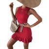 imageMakeMeChic Womens 2025 Summer Dress Casual Crochet Ribbed Knit Ruffle Hem Sleeveless Bodycon Tank Mini DressesRed