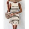 imageMakeMeChic Womens 2025 Summer Dress Casual Crochet Ribbed Knit Ruffle Hem Sleeveless Bodycon Tank Mini DressesStriped Apricot
