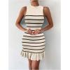 imageMakeMeChic Womens 2025 Summer Dress Casual Crochet Ribbed Knit Ruffle Hem Sleeveless Bodycon Tank Mini DressesStriped Apricot