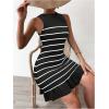 imageMakeMeChic Womens 2025 Summer Dress Casual Crochet Ribbed Knit Ruffle Hem Sleeveless Bodycon Tank Mini DressesStriped Black