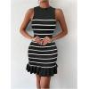 imageMakeMeChic Womens 2025 Summer Dress Casual Crochet Ribbed Knit Ruffle Hem Sleeveless Bodycon Tank Mini DressesStriped Black