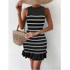 imageMakeMeChic Womens 2025 Summer Dress Casual Crochet Ribbed Knit Ruffle Hem Sleeveless Bodycon Tank Mini DressesStriped Black