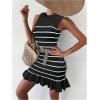 imageMakeMeChic Womens 2025 Summer Dress Casual Crochet Ribbed Knit Ruffle Hem Sleeveless Bodycon Tank Mini DressesStriped Black