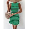 imageMakeMeChic Womens 2025 Summer Dress Casual Crochet Ribbed Knit Ruffle Hem Sleeveless Bodycon Tank Mini DressesStriped Green