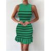 imageMakeMeChic Womens 2025 Summer Dress Casual Crochet Ribbed Knit Ruffle Hem Sleeveless Bodycon Tank Mini DressesStriped Green