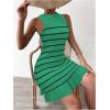 imageMakeMeChic Womens 2025 Summer Dress Casual Crochet Ribbed Knit Ruffle Hem Sleeveless Bodycon Tank Mini DressesStriped Green