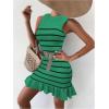imageMakeMeChic Womens 2025 Summer Dress Casual Crochet Ribbed Knit Ruffle Hem Sleeveless Bodycon Tank Mini DressesStriped Green