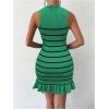 imageMakeMeChic Womens 2025 Summer Dress Casual Crochet Ribbed Knit Ruffle Hem Sleeveless Bodycon Tank Mini DressesStriped Green