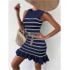 imageMakeMeChic Womens 2025 Summer Dress Casual Crochet Ribbed Knit Ruffle Hem Sleeveless Bodycon Tank Mini DressesStriped Royal Blue