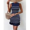 imageMakeMeChic Womens 2025 Summer Dress Casual Crochet Ribbed Knit Ruffle Hem Sleeveless Bodycon Tank Mini DressesStriped Royal Blue