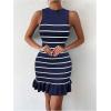 imageMakeMeChic Womens 2025 Summer Dress Casual Crochet Ribbed Knit Ruffle Hem Sleeveless Bodycon Tank Mini DressesStriped Royal Blue
