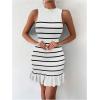 imageMakeMeChic Womens 2025 Summer Dress Casual Crochet Ribbed Knit Ruffle Hem Sleeveless Bodycon Tank Mini DressesStriped White