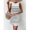 imageMakeMeChic Womens 2025 Summer Dress Casual Crochet Ribbed Knit Ruffle Hem Sleeveless Bodycon Tank Mini DressesStriped White