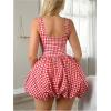 imageMakeMeChic Womens Casual Bubble Dress Square Neck Sleeveless Ruffle Mini DressesRed and White