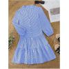 imageMakeMeChic Womens Gingham Plaid Dress Lantern Sleeve Ruffle Shift Dress Button Down Swing Tunic Mini DressesBlue