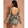 imageMakeMeChic Womens Leopard Print Dress Y2k Backless Mesh Bell Sleeve Mini Cheetah Print DressCamo Green