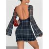 imageMakeMeChic Womens Leopard Print Dress Y2k Backless Mesh Bell Sleeve Mini Cheetah Print DressPlaid Blue