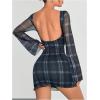 imageMakeMeChic Womens Leopard Print Dress Y2k Backless Mesh Bell Sleeve Mini Cheetah Print DressPlaid Blue