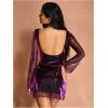 imageMakeMeChic Womens Leopard Print Dress Y2k Backless Mesh Bell Sleeve Mini Cheetah Print DressRed Solid