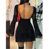 imageMakeMeChic Womens Leopard Print Dress Y2k Backless Mesh Bell Sleeve Mini Cheetah Print DressSolid Black