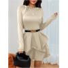 imageMakeMeChic Womens Long Sleeve Mock Neck Mini Dress Ruffle Hem A Line Short DressesApricot