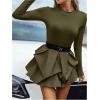 imageMakeMeChic Womens Long Sleeve Mock Neck Mini Dress Ruffle Hem A Line Short DressesArmy Green