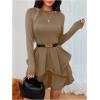 imageMakeMeChic Womens Long Sleeve Mock Neck Mini Dress Ruffle Hem A Line Short DressesBrown