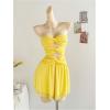 imageMakeMeChic Womens Mesh Twist Front Strapless Tube Top Dress Cut Out Bodycon Y2k Mini DressesYellow