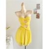 imageMakeMeChic Womens Mesh Twist Front Strapless Tube Top Dress Cut Out Bodycon Y2k Mini DressesYellow