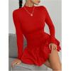 imageMakeMeChic Womens Mock Neck Long Sleeve Lettuce Trim Ruffle Slim Fit A Line Mini DressRed
