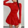 imageMakeMeChic Womens Mock Neck Long Sleeve Lettuce Trim Ruffle Slim Fit A Line Mini DressRed
