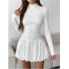 imageMakeMeChic Womens Mock Neck Long Sleeve Lettuce Trim Ruffle Slim Fit A Line Mini DressWhite