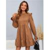 imageMakeMeChic Womens Ruffle Smock Dress Long Sleeve Mock Neck Shirred Frill Trim Short DressesBrown