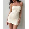 imageMakeMeChic Womens Strapless Leather Dress Ruched Bandeau Bodycon Party Mini DressesBeige