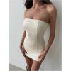 imageMakeMeChic Womens Strapless Leather Dress Ruched Bandeau Bodycon Party Mini DressesBeige