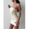 imageMakeMeChic Womens Strapless Leather Dress Ruched Bandeau Bodycon Party Mini DressesBeige
