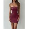 imageMakeMeChic Womens Strapless Leather Dress Ruched Bandeau Bodycon Party Mini DressesBurgundy