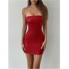 imageMakeMeChic Womens Strapless Leather Dress Ruched Bandeau Bodycon Party Mini DressesRed