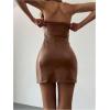 imageMakeMeChic Womens Strapless Leather Dress Ruched Bandeau Bodycon Party Mini DressesRust Brown
