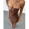 imageMakeMeChic Womens Strapless Leather Dress Ruched Bandeau Bodycon Party Mini DressesRust Brown