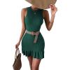 imageMakeMeChic Womens 2025 Summer Dress Casual Crochet Ribbed Knit Ruffle Hem Sleeveless Bodycon Tank Mini DressesDark Green